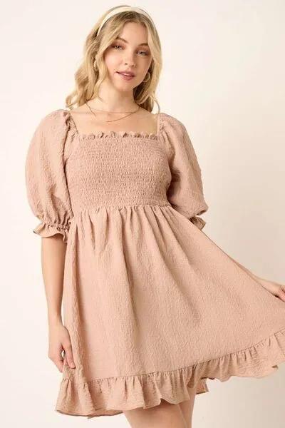 Taupe Smocked Ruffled Hem Half Sleeve Mini Dress: Your Go-To Pick for Chic and Easy Fashion