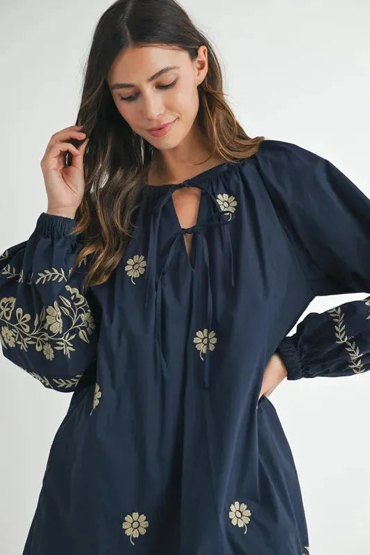 Embroidered Long Sleeve Peasant Mini Dress: Boho Elegance Redefined