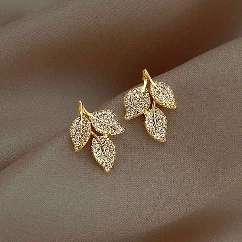 Leaf Stud Earrings – Gold or Silver Finish, Micro Pavé Rhinestone, Dainty Women’s Fashion Jewelry Jewelry Bubble