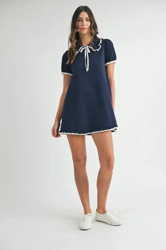 Ruffle Trimmed Collar Fine Knit Mini Dress – Sophisticated & Chic