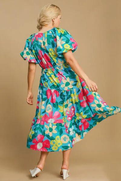 Stunning Tiered Multicolor Floral Midi Dress With Puff Sleeves - Perfect for Spring/Summer Occasion