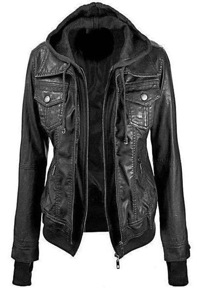 Fadcloset, Annalise Womens Leather Jacket Fleece Inner with Hoodie