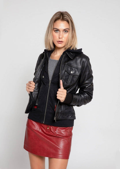 Fadcloset, Annalise Womens Leather Jacket Fleece Inner with Hoodie