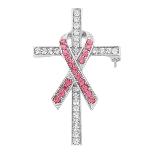 Fashionable Rhinestone Silver Cross and Ribbon Lapel Pin - Costume Jewelry