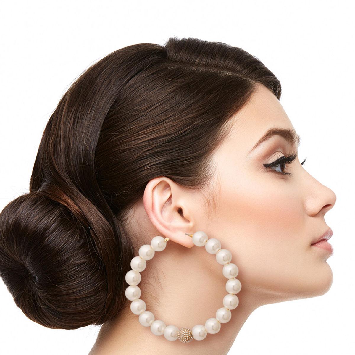 Faux Beaded Pearl and Pave Rhinestone Hoop Earrings