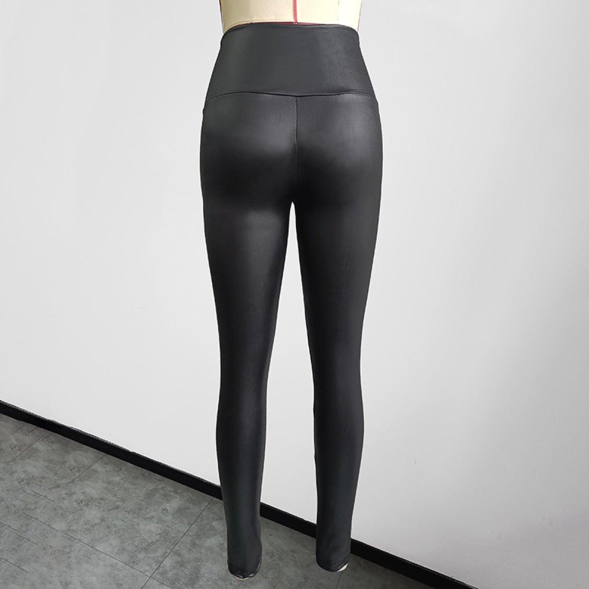 Faux Leather Pants in Black High Waist Elastic Buttoned