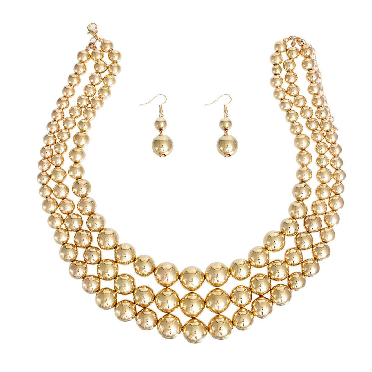 Faux Pearl 3 Layer Metallic Gold Necklace with Earrings