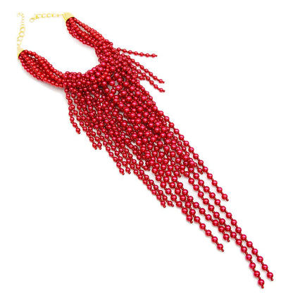 Faux Pearl Necklace, Earrings Set Red Statement