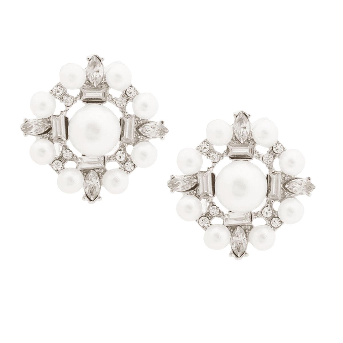 Faux Pearl Sparkle Stud Earrings Silver Plated