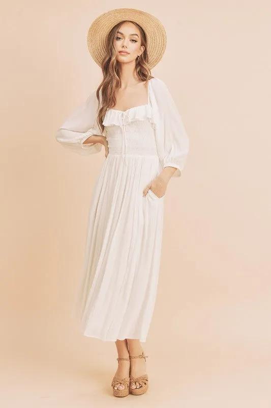 Ruffled Smocked Square Neck Balloon Sleeve Dress