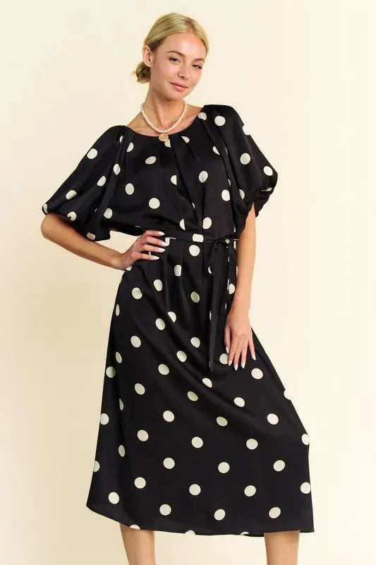 Polka Dot Puff Sleeve Waist Tie Midi Dress – A Timeless Feminine Staple