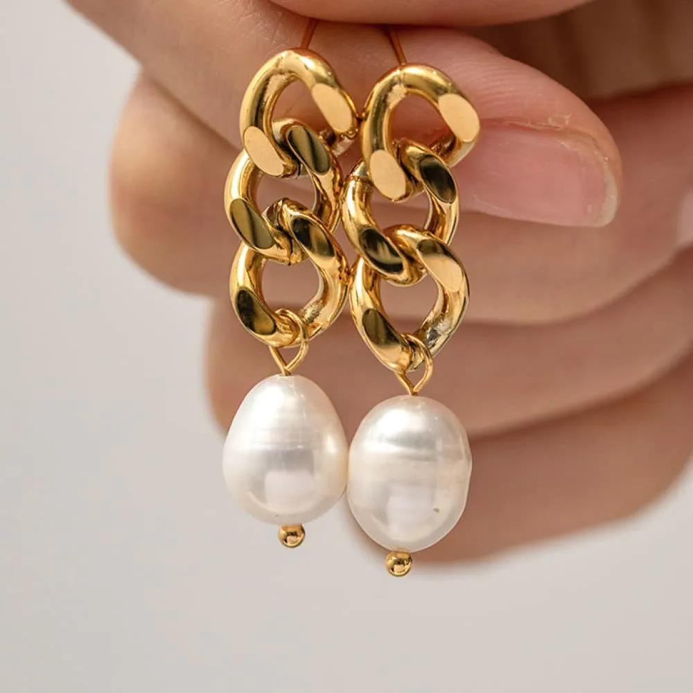 Freshwater Pearl Drop Earrings – 18K Gold-Plated Chain Link Statement Dangle Fashion Jewelry