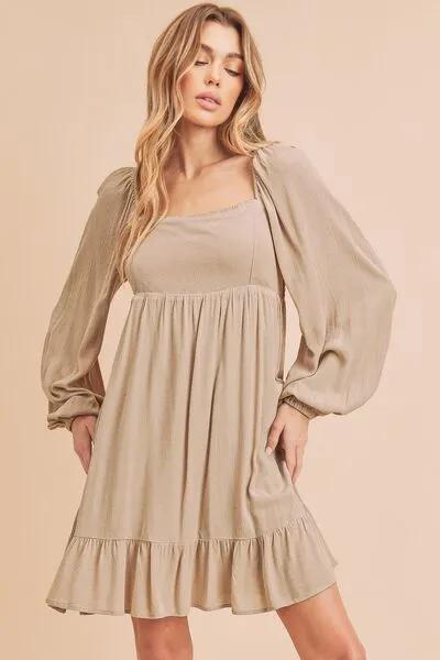 Ruffled Hem Square Neck Balloon Sleeve Mini Dress