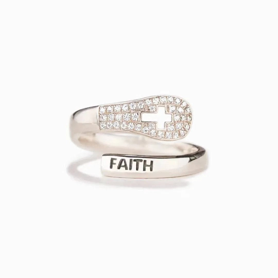 Sterling Silver Faith Cross Ring - Adjustable Dainty Christian Jewelry Micro Zircon Inlay