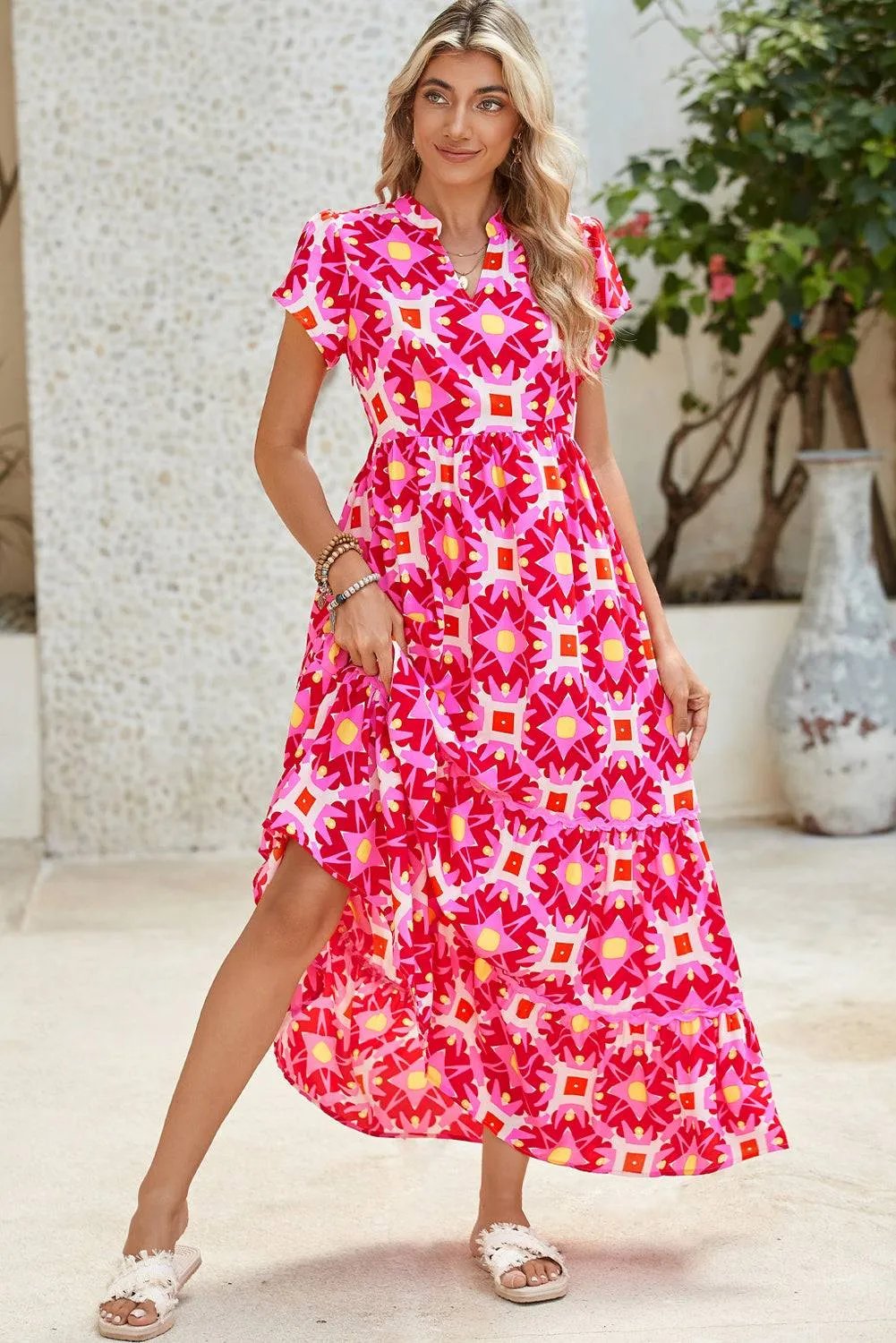 Abstract Print Maxi Dress – Vibrant Pink Boho Style with Flounce Sleeves & Pleated Detail
