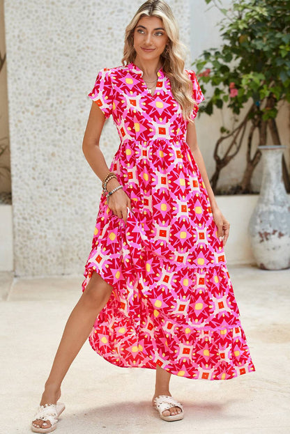 Abstract Print Maxi Dress – Vibrant Pink Boho Style with Flounce Sleeves & Pleated Detail Shewin