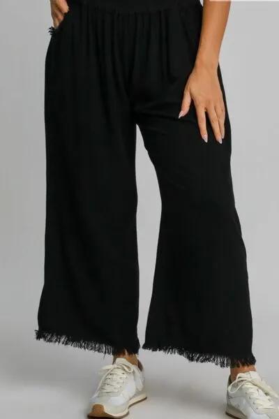Linen Blend Elastic Waistband Wide Leg Black Pants