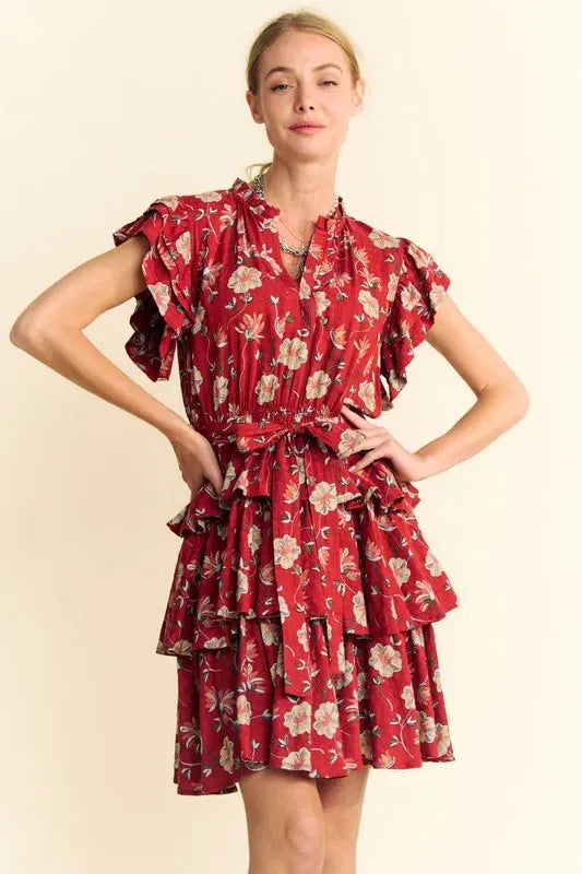 Ruffle Flutter Sleeve Tie Belt Tiered Mini Dress for Effortless Elegance
