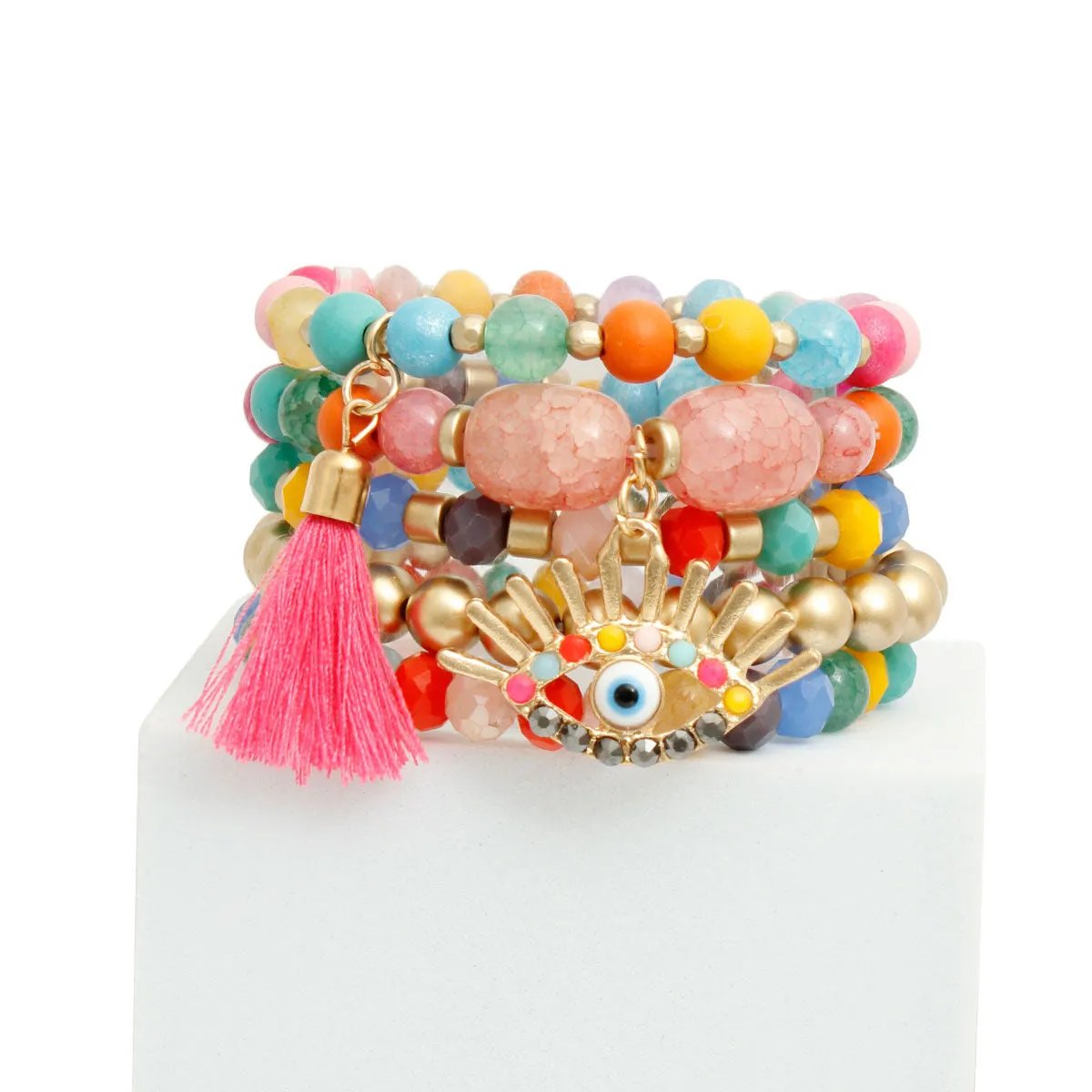 Matte Gold Rainbow Bead Bracelet Set with Evil Eye Charm