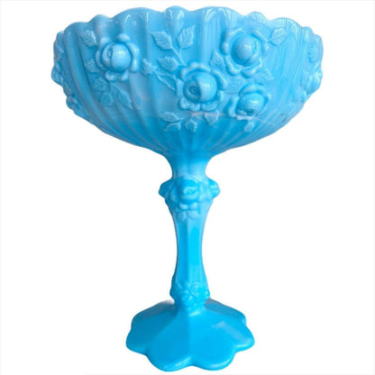 Fenton Blue Slag Glass Tazza Cabbage Rose Pedestal
