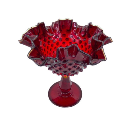 Fenton Hobnail Glass Deep Red Crimped Vintage Compote