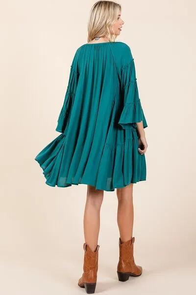 Teal Color Frill Tie Neck Bell Sleeve Dress That Screams Effortless Chic