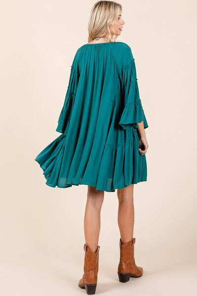 Teal Color Frill Tie Neck Bell Sleeve Dress That Screams Effortless Chic Trendsi