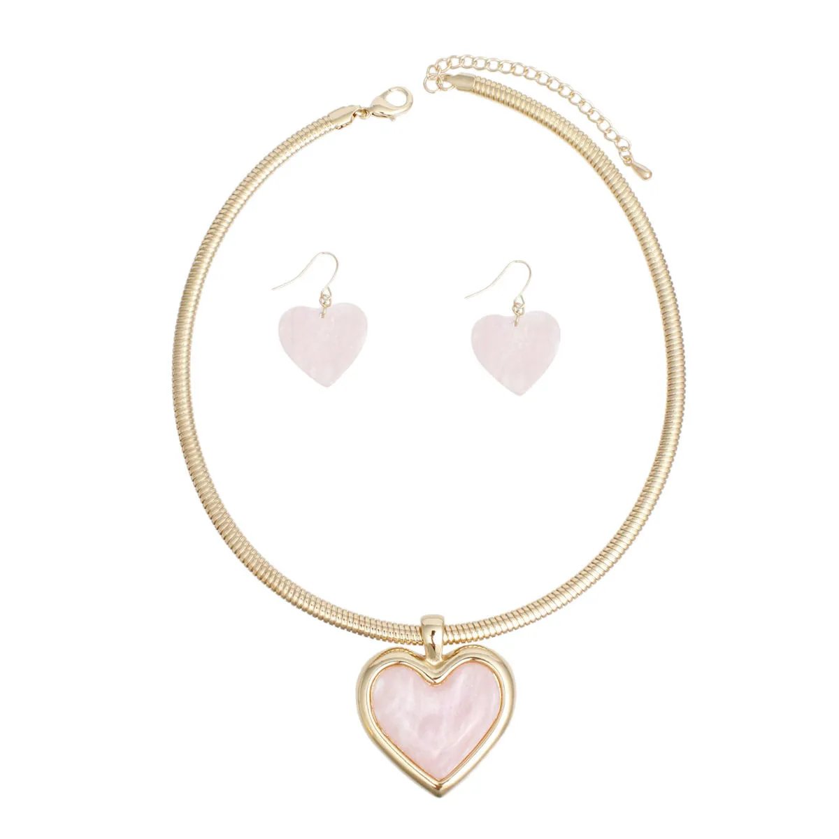 Gold Tone Heart Necklace Set | Marbled Pink Pendant & Earrings