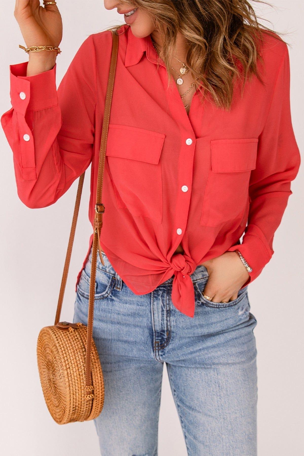 Flap Pocket Button Up Shirt Red