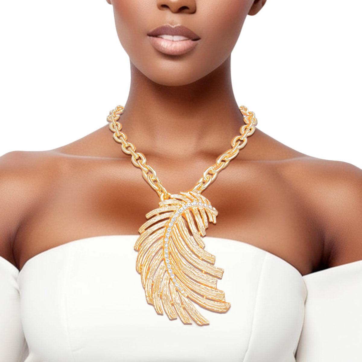 Flaunt the Feather Necklace: Trendy Yellow Gold Fashion Jewelry