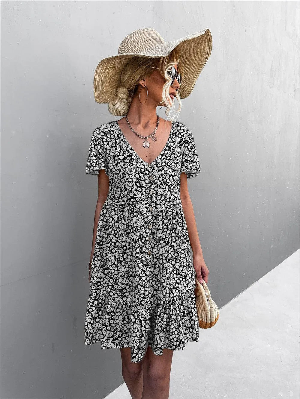 Floral Buttoned V-Neck Flutter Sleeve Dress