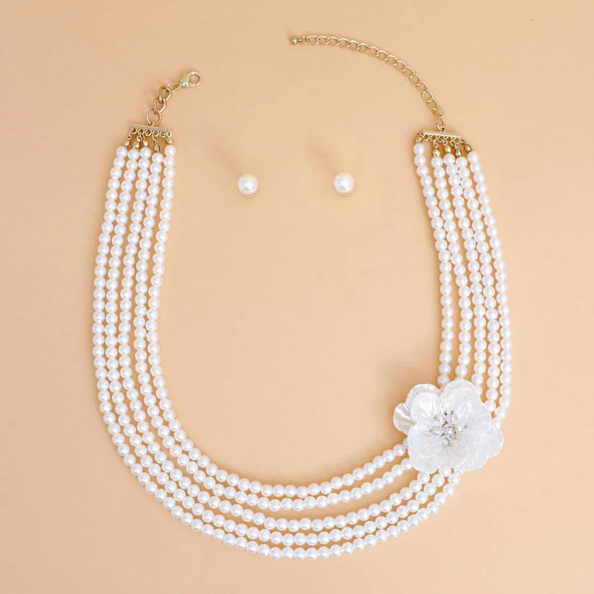 Floral Elegance: 5-Strand Acrylic Cream Pearl Necklace Set with Petal Flower Detail