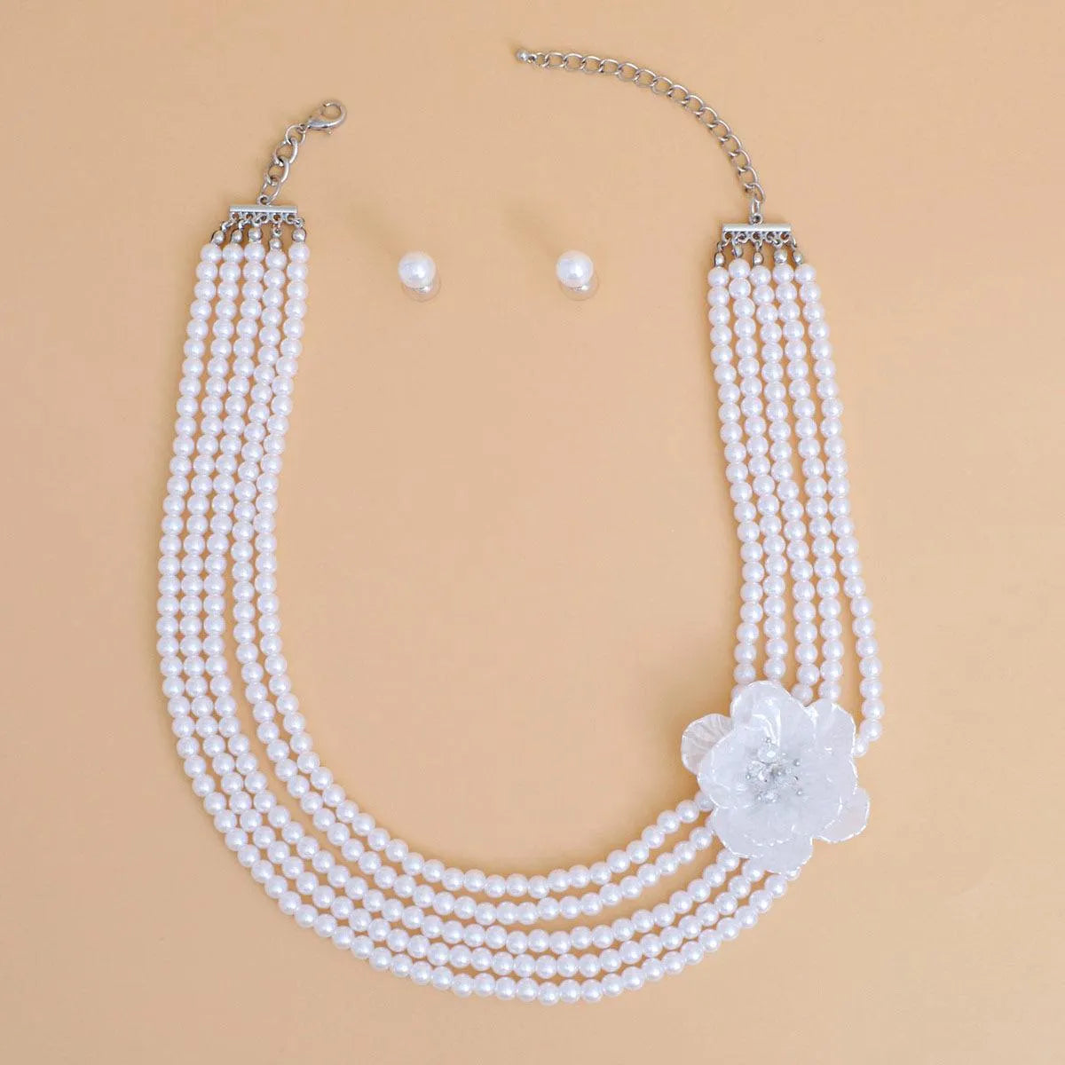 Floral Elegance: 5-Strand Acrylic White Pearl Necklace Set with Petal Flower Detail