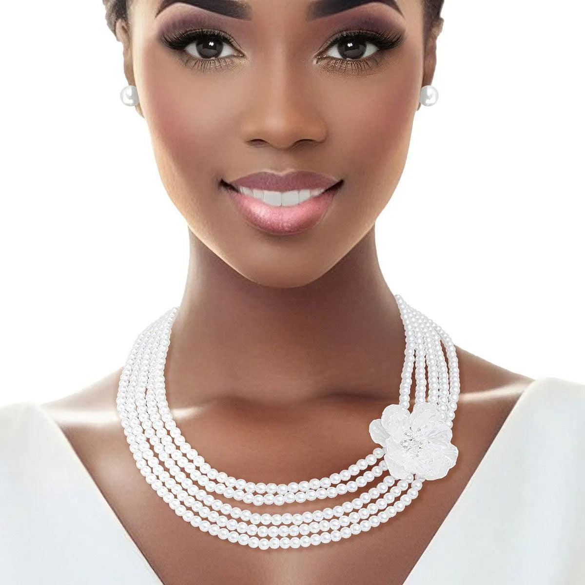 Floral Elegance: 5-Strand Acrylic White Pearl Necklace Set with Petal Flower Detail