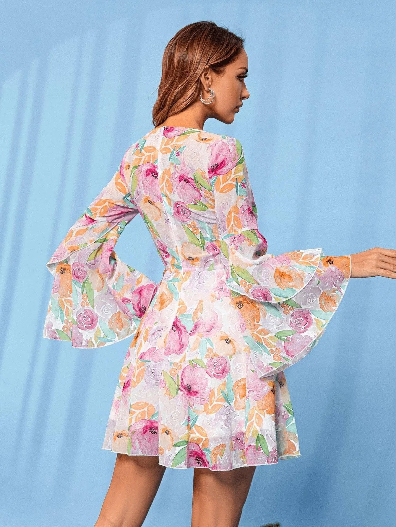 Floral Print Layered Sleeve Dress