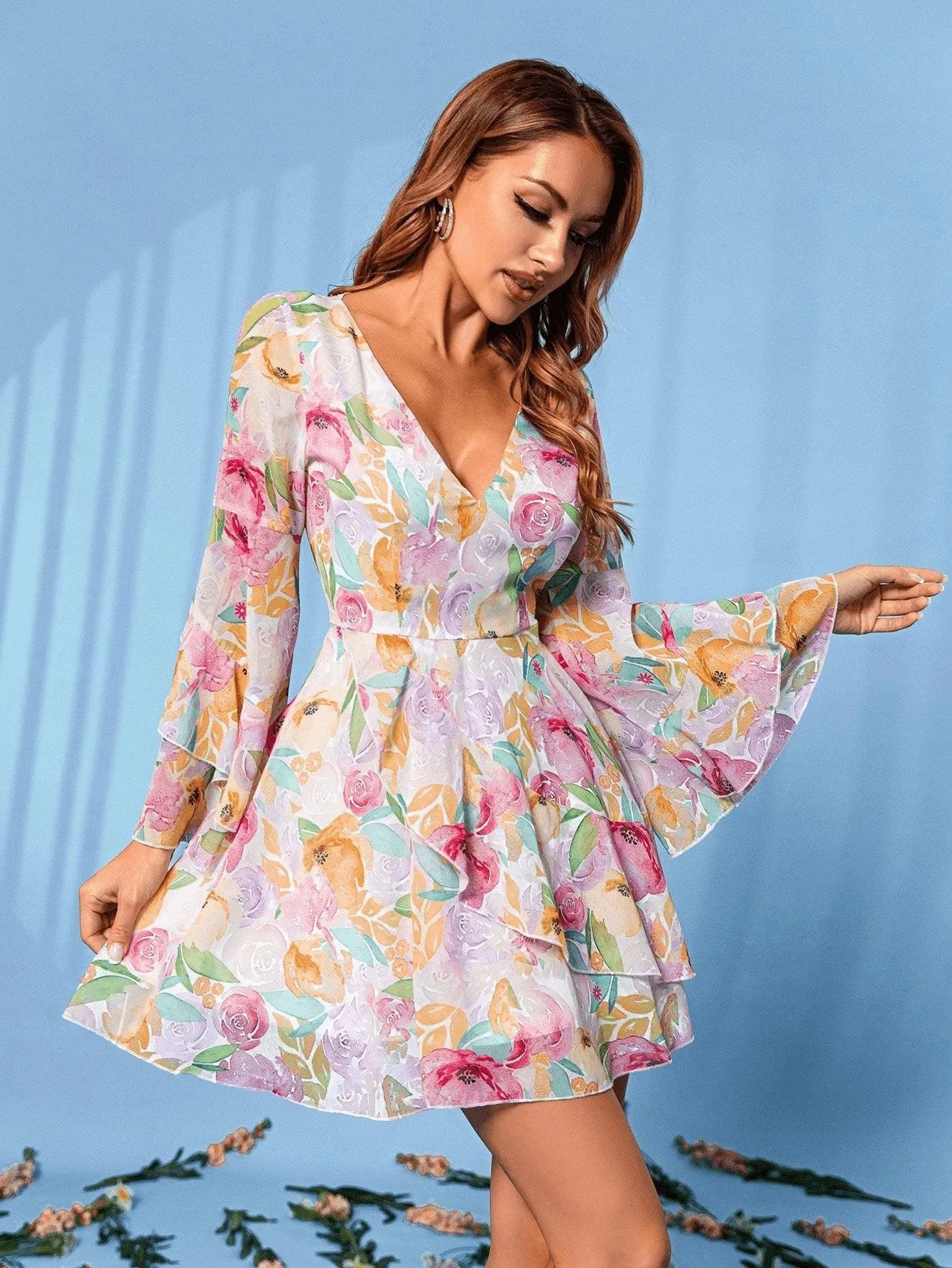 Floral Print Layered Sleeve Dress