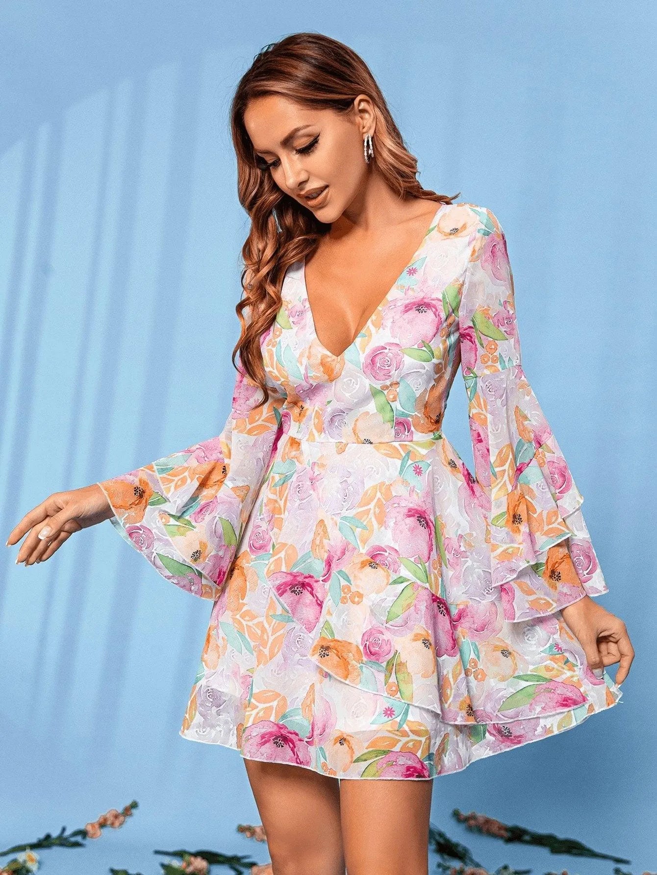 Floral Print Layered Sleeve Dress