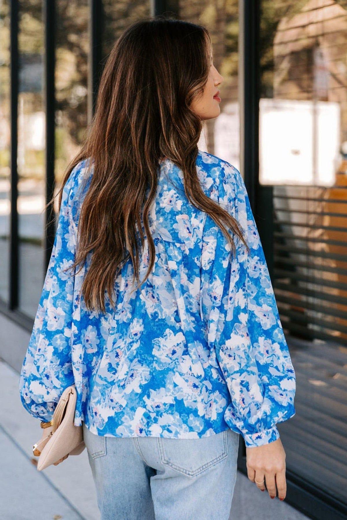 Floral Print Puffy Sleeve Babydoll Blouse Blue