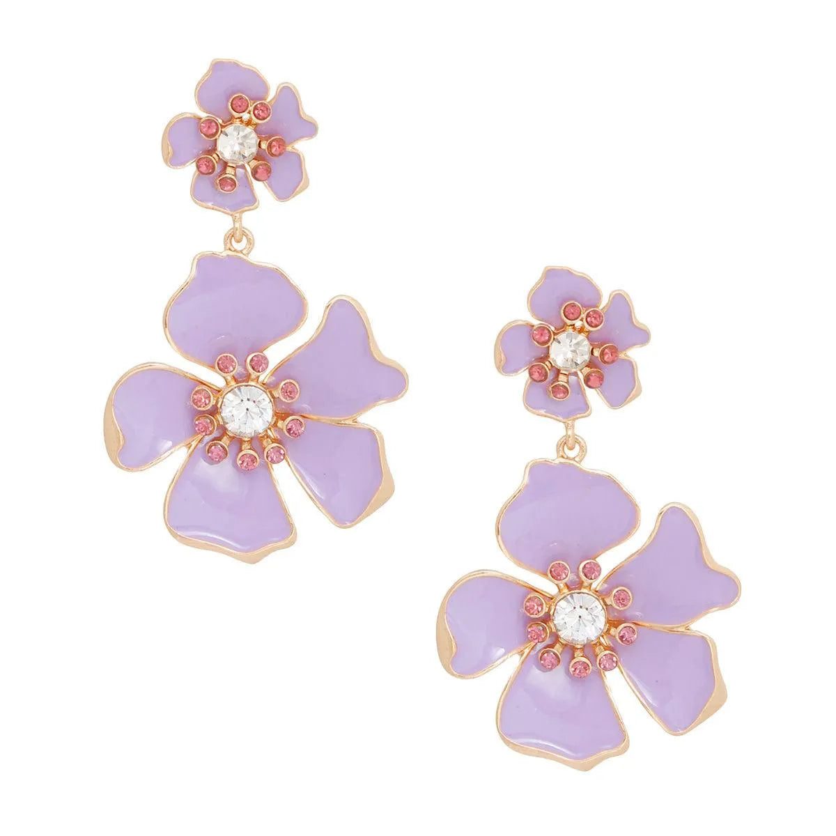 Flower Drop Earrings - Lavender Gold Floral Fashion Jewelry