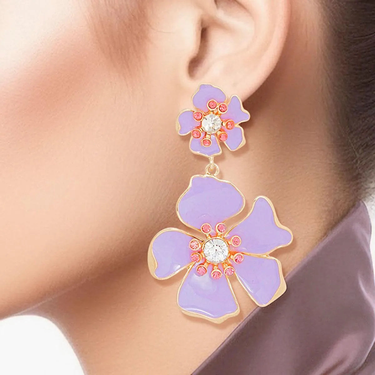 Flower Drop Earrings - Lavender Gold Floral Fashion Jewelry