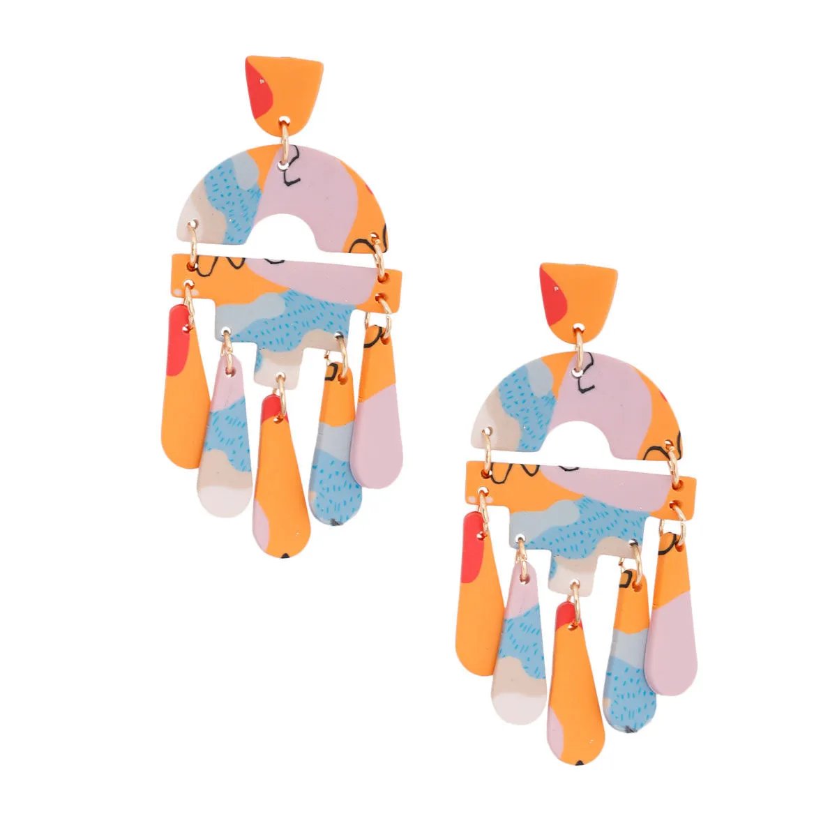 Marbled Dangle Earrings – Orange-multicolor Statement Fashion Jewelry