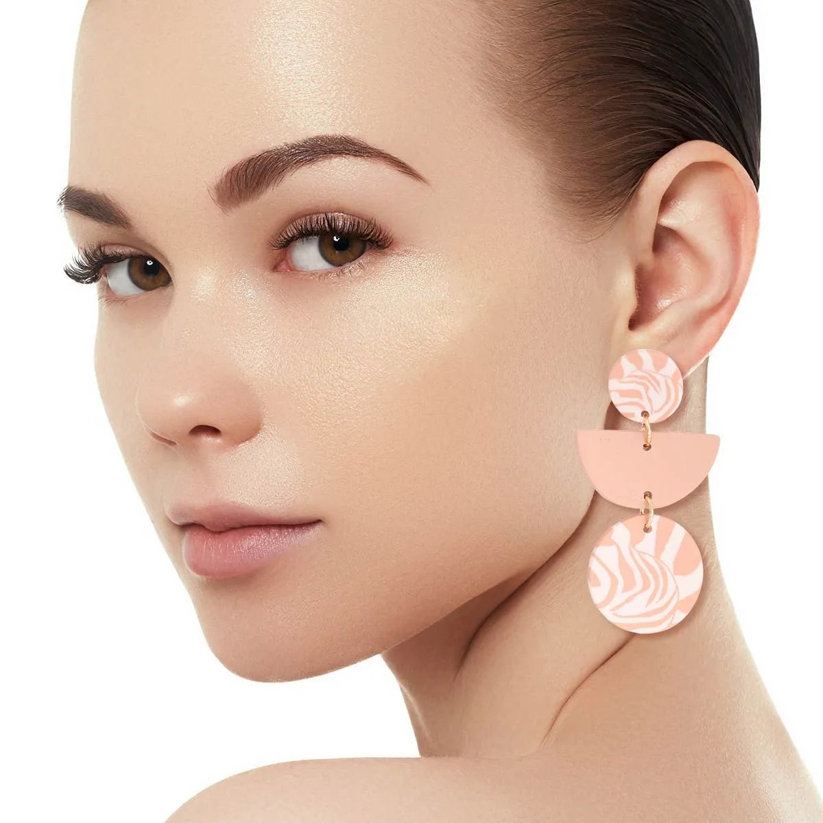 Modern Geometric Drop Earrings with Nature-Inspired Patterns in Pink-blush