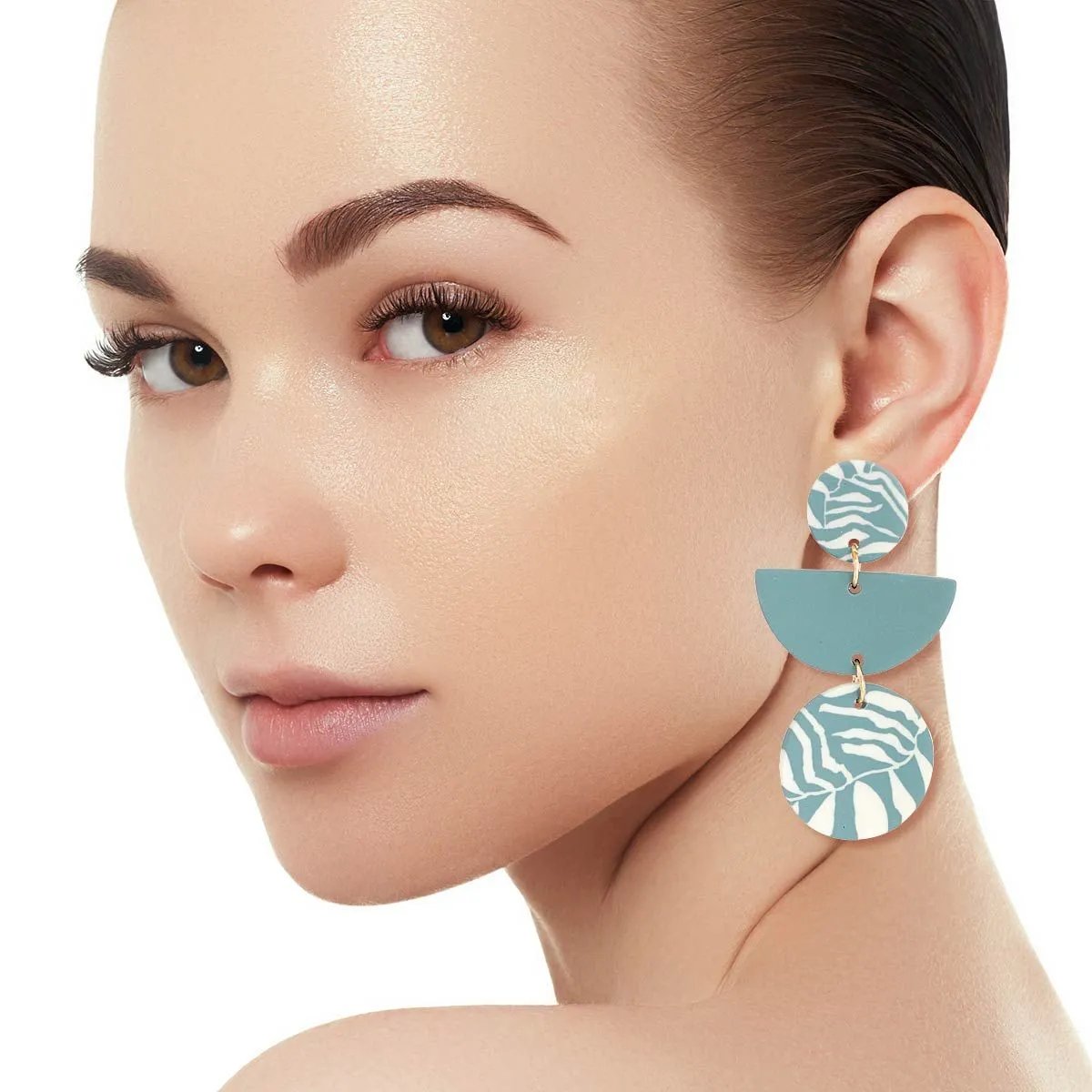 Modern Geometric Drop Earrings with Nature-Inspired Patterns in Teal-blue