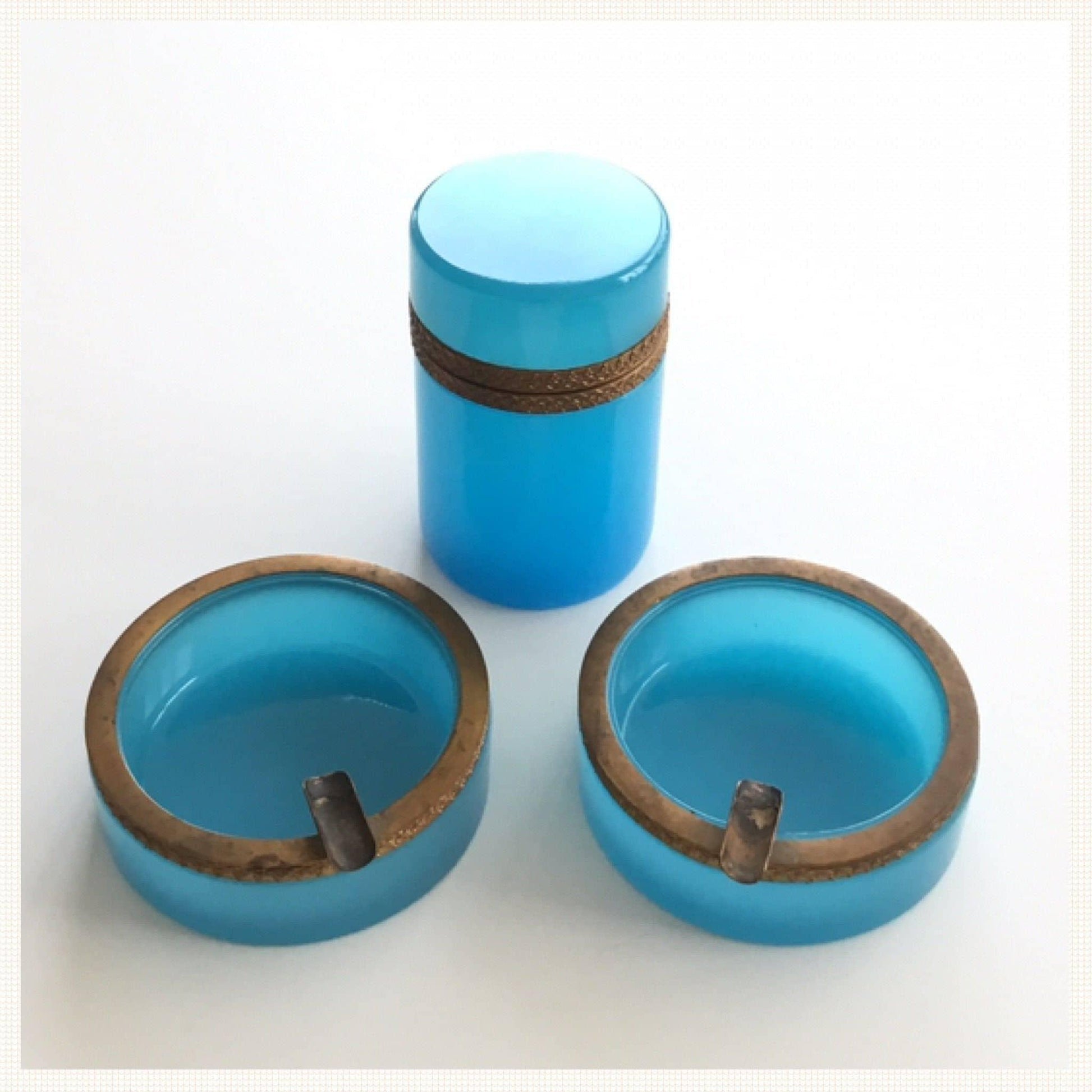 French blue opaline glass round cigarette box, ashtrays