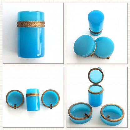 French blue opaline glass round cigarette box, ashtrays