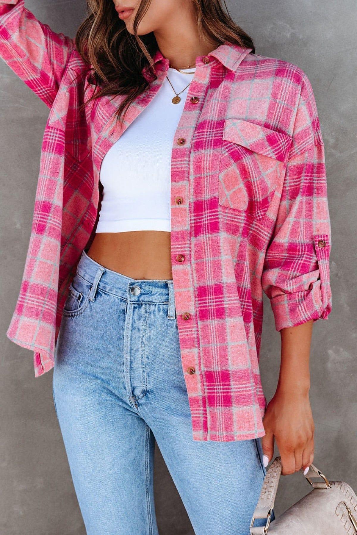 French Style Plaid Button Up Shirt Pink