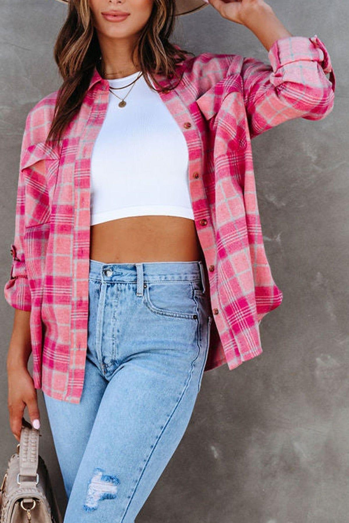 French Style Plaid Button Up Shirt Pink