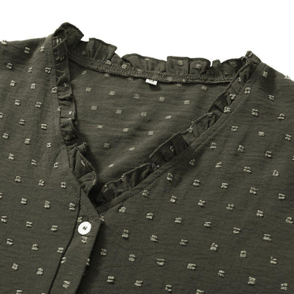 Frill Trim Button Up Swiss Dot Puff Sleeve Shirt
