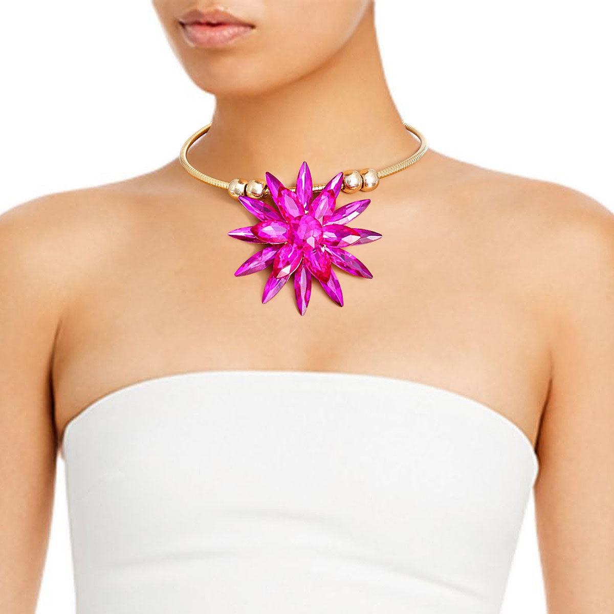 Fuchsia Color Flower Gold Tone Necklace: Add a Pop of Color to Your Outfit