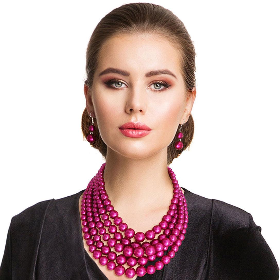 Fuchsia Pink Faux Pearl 5 Strand Necklace Earrings Set